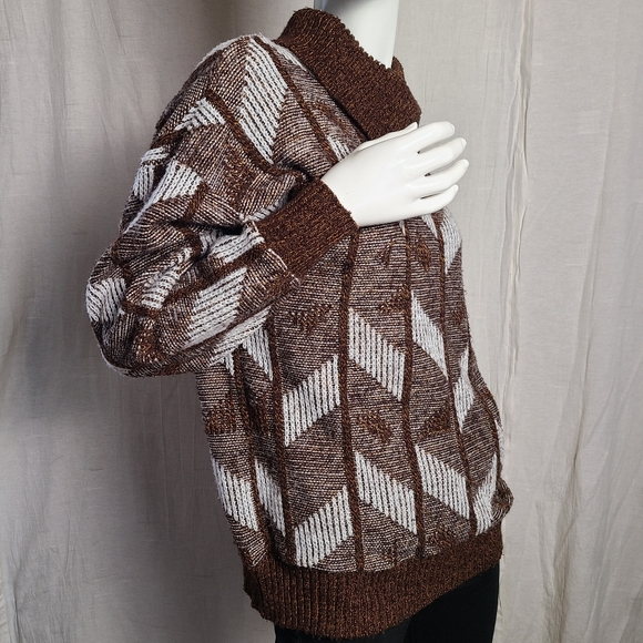 Vintage Her Women's Brown Acrylic Cowl Neck Funky Chevron Pattern Knit Sweater - Picture 8 of 13